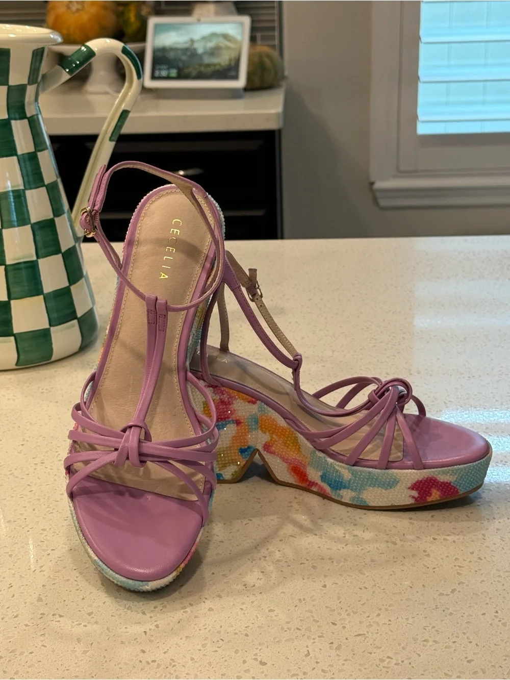 CECELIA NEW YORK Lilac T-Strap Platforms with Floral Multicolor Block Heel